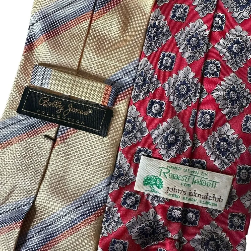 Lot Of 2 Bobby Jones Robert Talbott Neckties Red Floral‎ Print Yellow Striped
